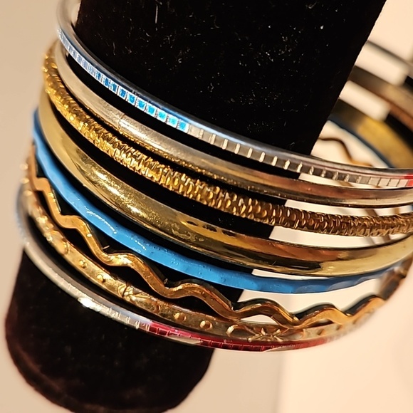 8 Silvertone, Goldtone, Blue & Red 2 3/4"Bangle Bracelets - Picture 2 of 4